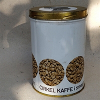 hvid rund metal kaffedåse med kaffebønnedekoration Cirkelkaffe 